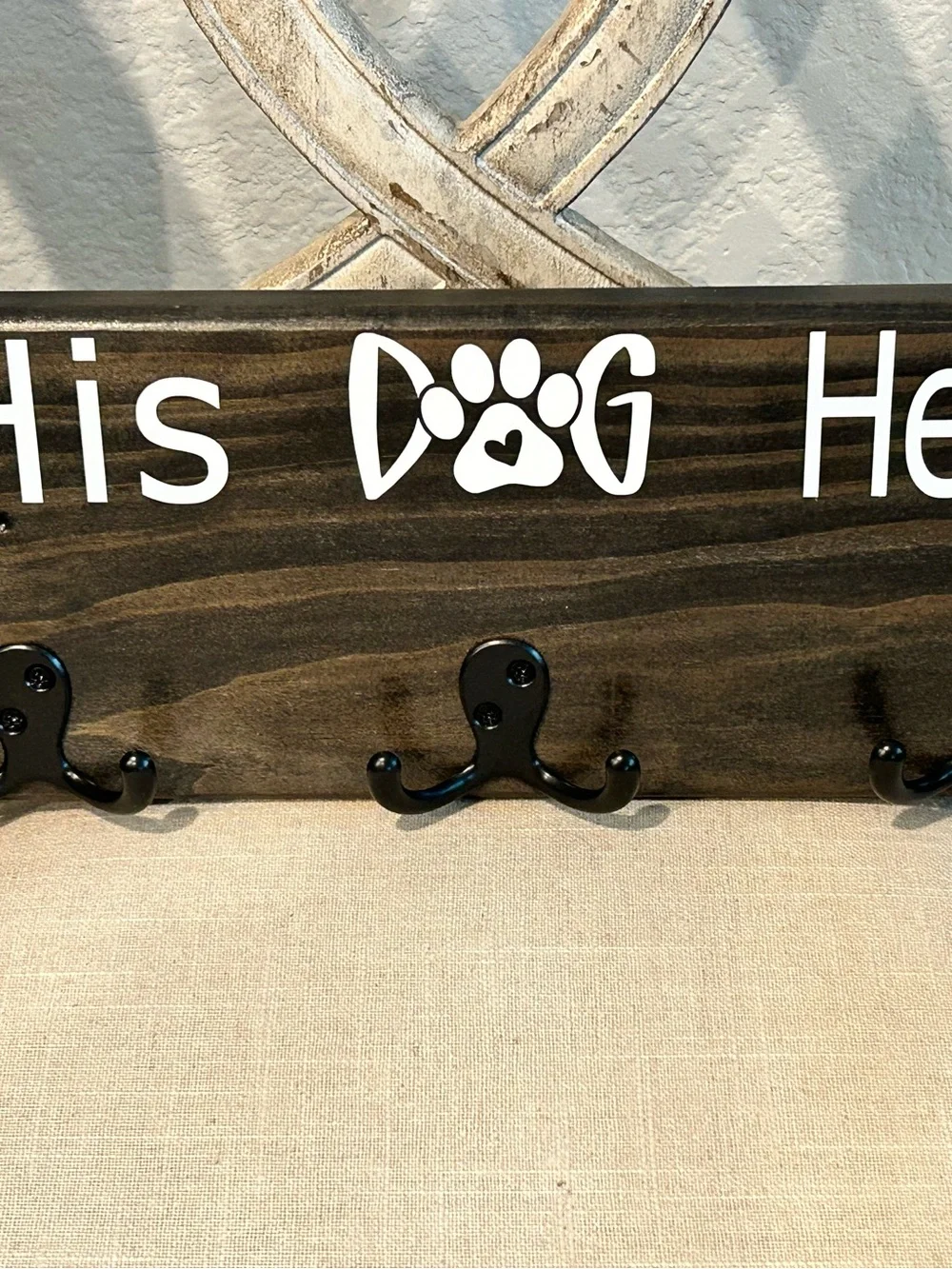 Wooden rack with three hooks: His, Dog, Hers